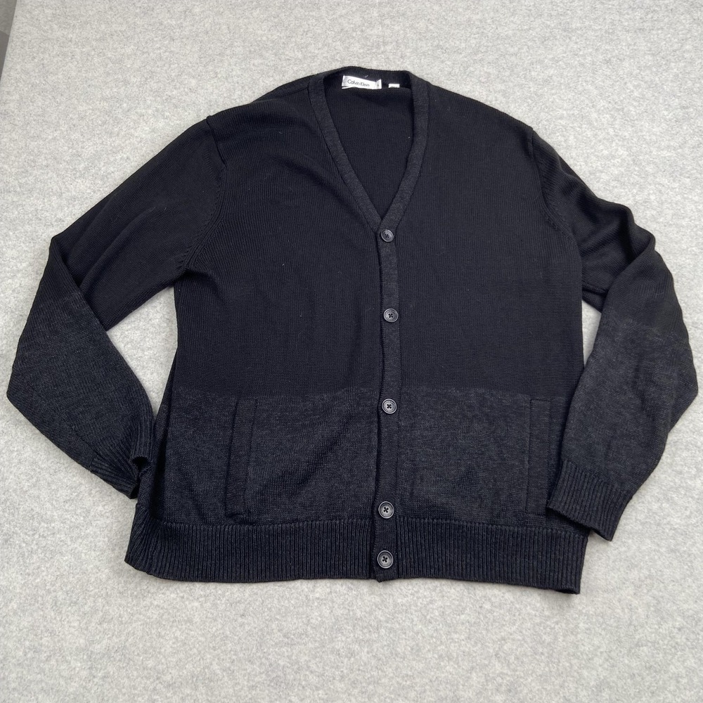 Calvin Klein Mens XL Black Merino Wool Cardigan Sweater V Neck Italian Yarn